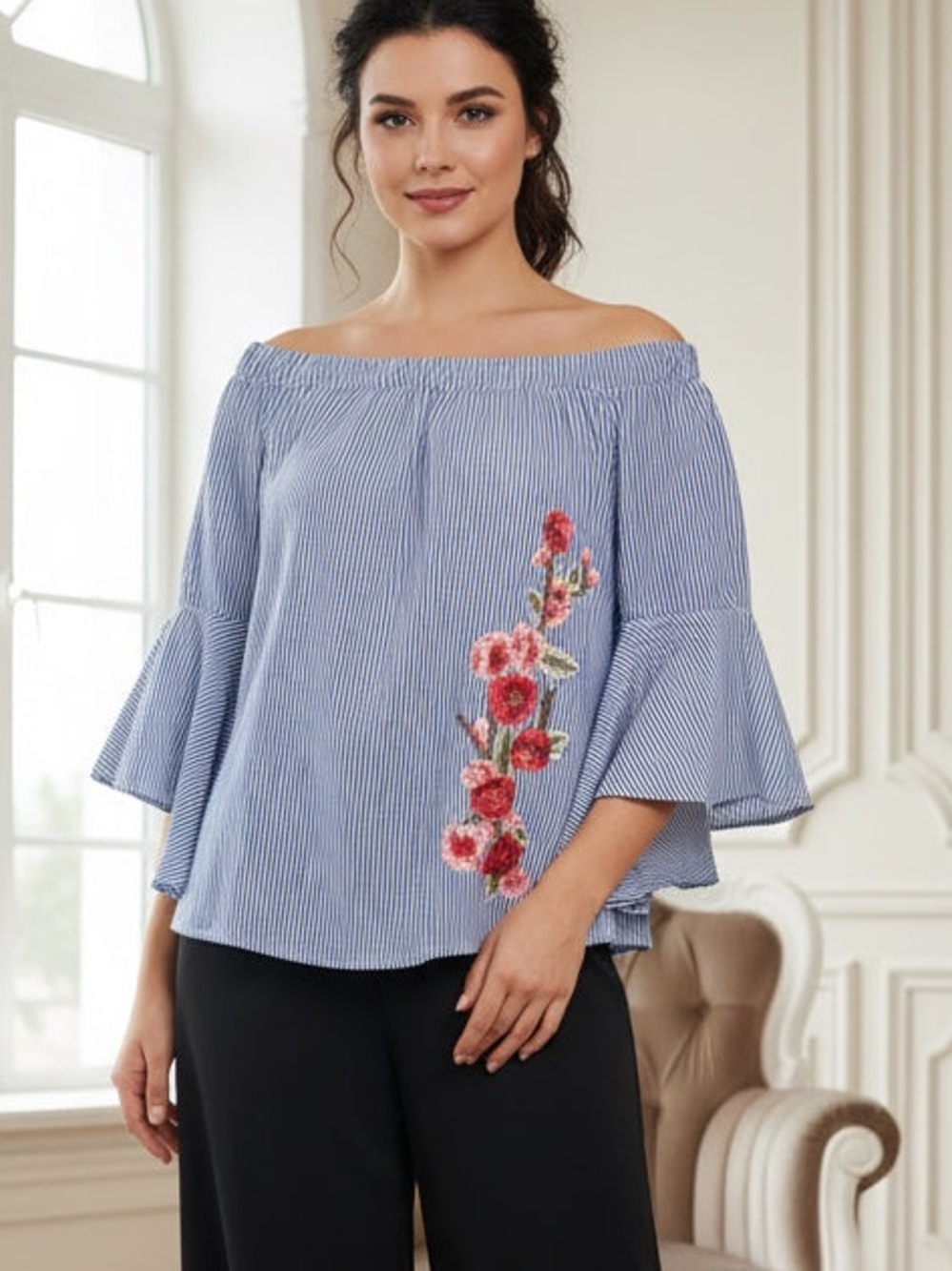 Striped Blue Off-Shoulder Blouse with Red Floral Embroidery